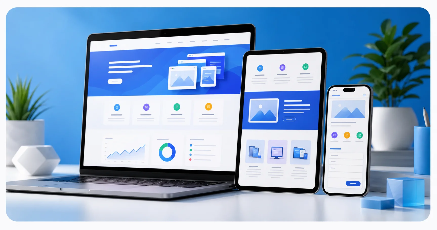 Imagine realista cu laptop, tableta si telefon pentru website de prezentare WebCircle